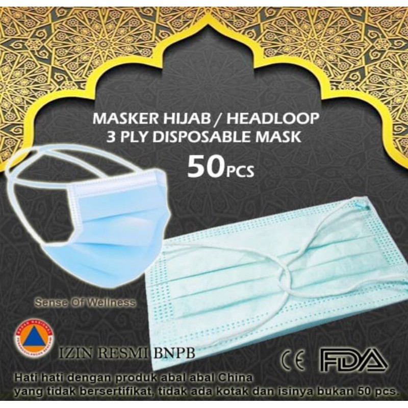 Masker Hijab 3Ply Headloop Bedah Medis 3ply Disposable Surgical Mask