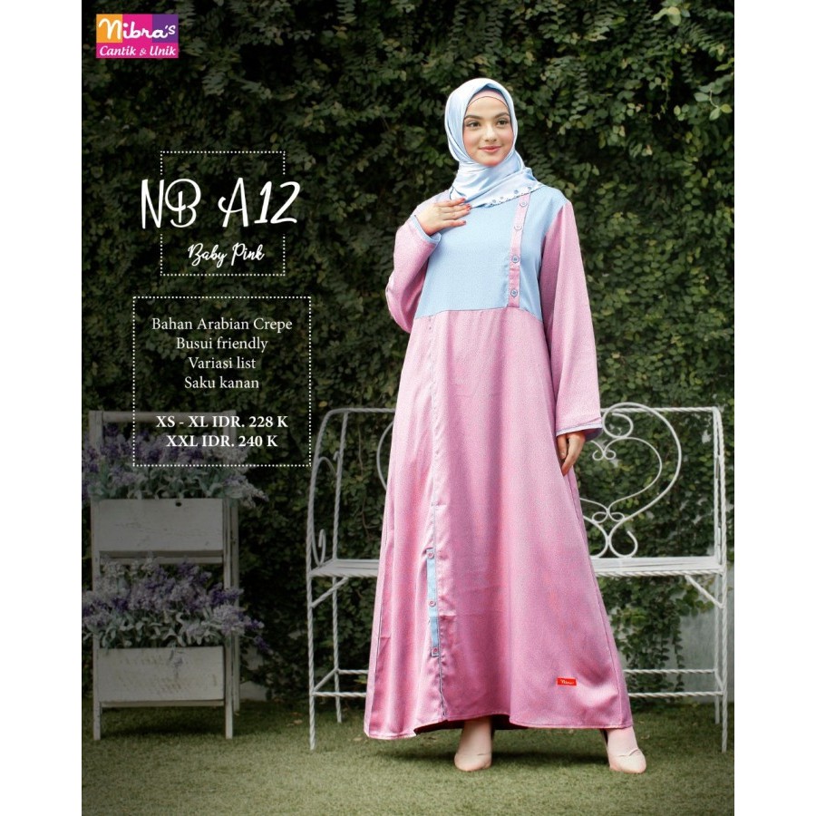 NIBRAS GAMIS NB A12 BABY BLUE BAHAN ARABIAN CREPE BUSUI FASHION MUSLIMAH TERBARU SYARI MURAH