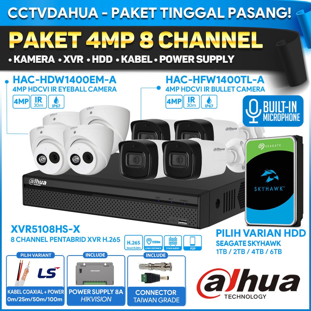 PAKET CCTV DAHUA 8 CHANNEL 4MP AUDIO / 8 KAMERA 4MP DAHUA SIAP PASANG