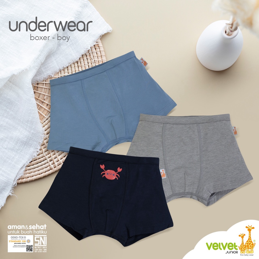 Velvet Boxer Segiempat isi 3 Solid - Celana Dalam Anak Size SML