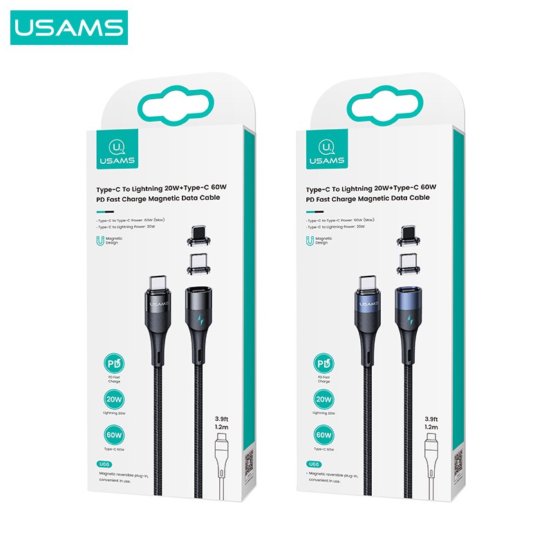 USAMS U66 Kabel Data Magnetic Type-C to Lightning 20W + Type-C 60W PD Fast Charging