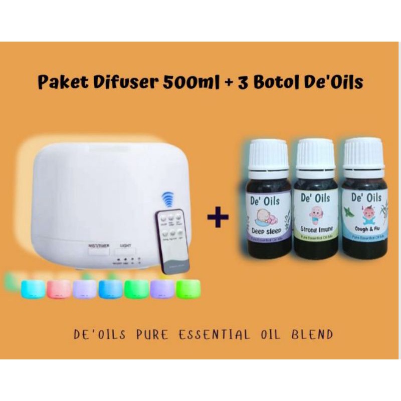 De'Oils Paket Difuser 500ml + De'Oils Essential Oil Murni Berkualitas Imune Booster Aromateraphy