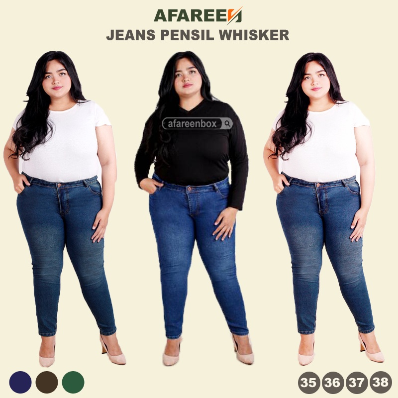 AFAREEN - Celana Jeans Pensil Wanita Ripped Sobek Tidak Tembus Stretch Melar Jumbo Jeans Skynnie Big Size 39-42