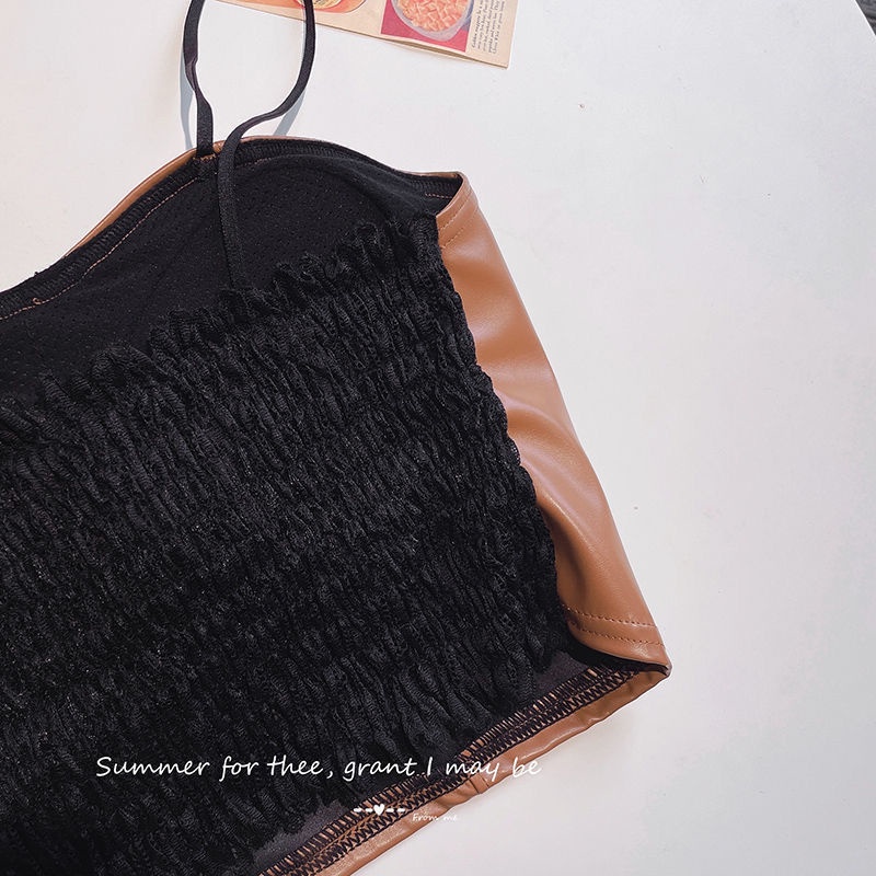 Blackpink TankTop Wanita Leather Suspender  Crop Tank Top Bralette Kulit Wanita Import 1221