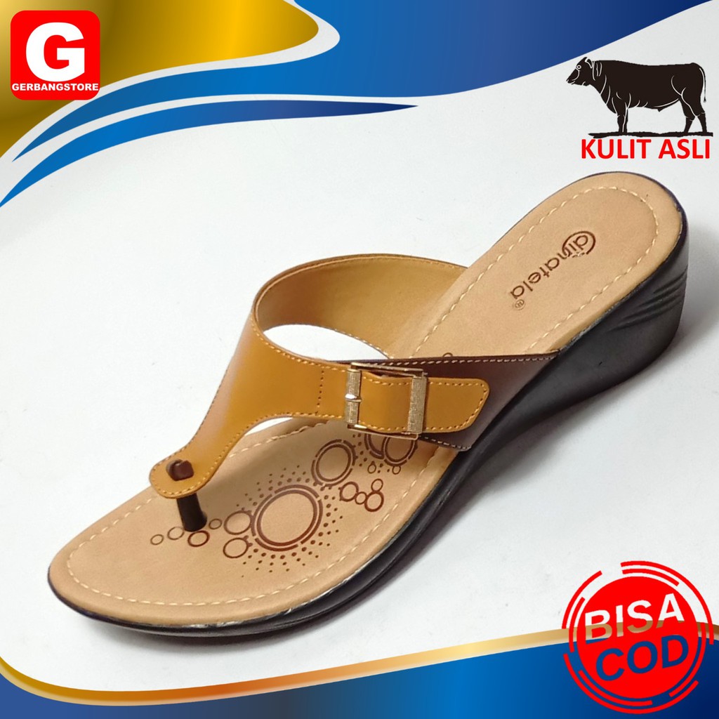 Sandal wanita kulit asli sapi hak 5 cm wedges [A 04]