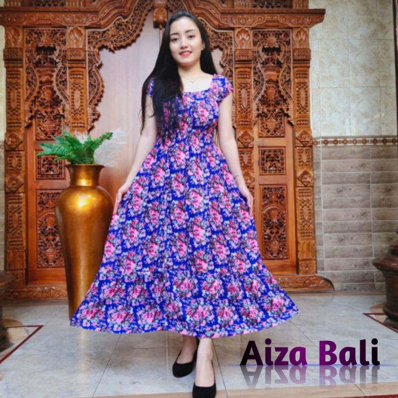 Dress Daster Canda Panjang Motif Bunga Mekar Korea Lengan Pendek Rayon Super Premium Bali Terbaru Ke