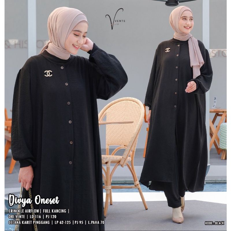 Pasti ori - Vente Daily Divya One Set Jumbo Crinkle Premium Motif Polos / Setelan Wanita LD 115 / Long Tunik-Divya set black