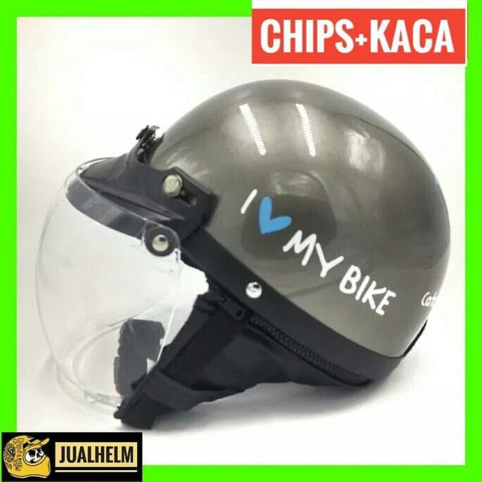 PENGIRIMAN CEPAT HELM CHIPS MY BIKE GREY GLOSSY DENGAN KACA - HELM VINTAGE - HELM CHIP SALE
