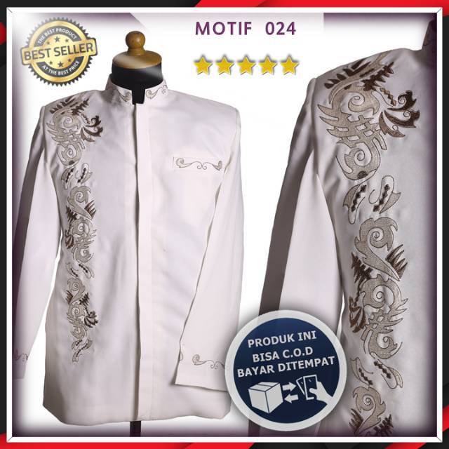 Jasko, Jas Koko, Jaskoko Pria Muslim Modern Original Bordir Bahan Import,Motif 024 Putih Tulang. COD