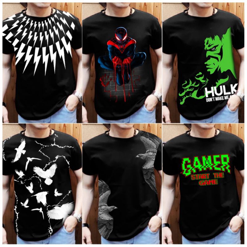 kaos distro cowok keren banyak motif spiderman, hulk, petir fp, merpati