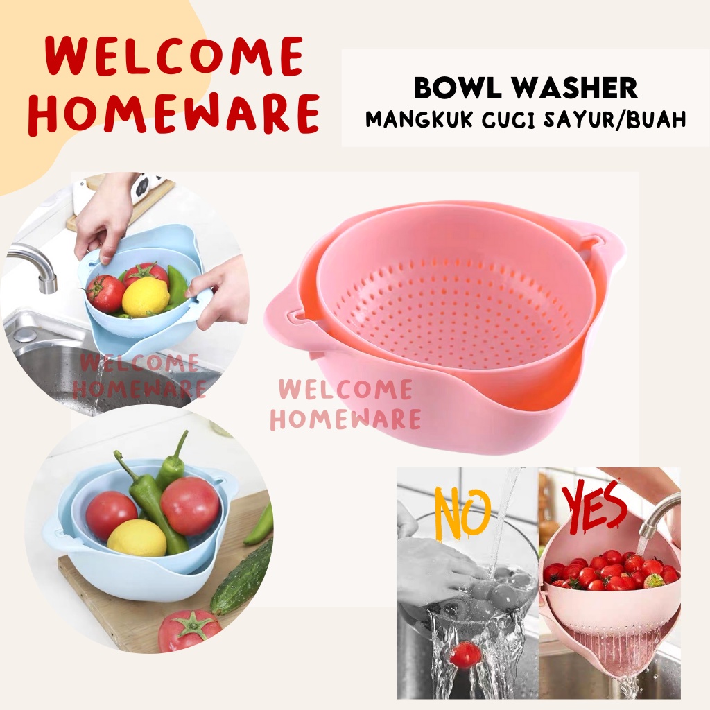 Bowl Washer Mangkuk Cuci Buah Sayuran Beras Dua Mangkok Saringan