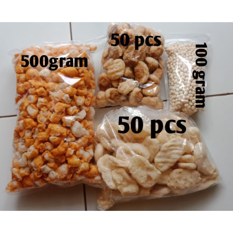 

Paket 50 Ribu Toping Baso Aci isi paket Cuanki Lidah,Siomay Mini,Cuanki Tahu dan pilus Cikur