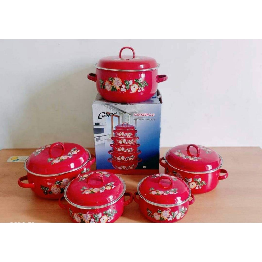 Panci Calypso Enamel 5 Susun / Panci Jadul Motif Bunga / Panci Set rebus kukus goreng ungkep trim mie ayam daging sop sayur 5 susun motif jadul bunga desa