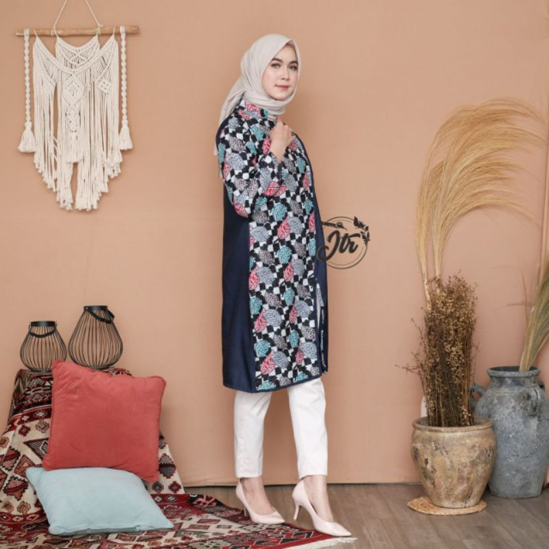 Atasan Batik Wanita Dolby Dolbi Dobby Doby Tenun Sutra Halus Best Seragam-Dinara Tunik Navy