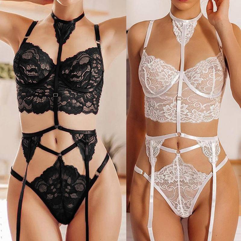 【Wetrose】Women Lace Sexy Deep V Exposed Hip Suspenders Garter Lingerie 3pcs Set