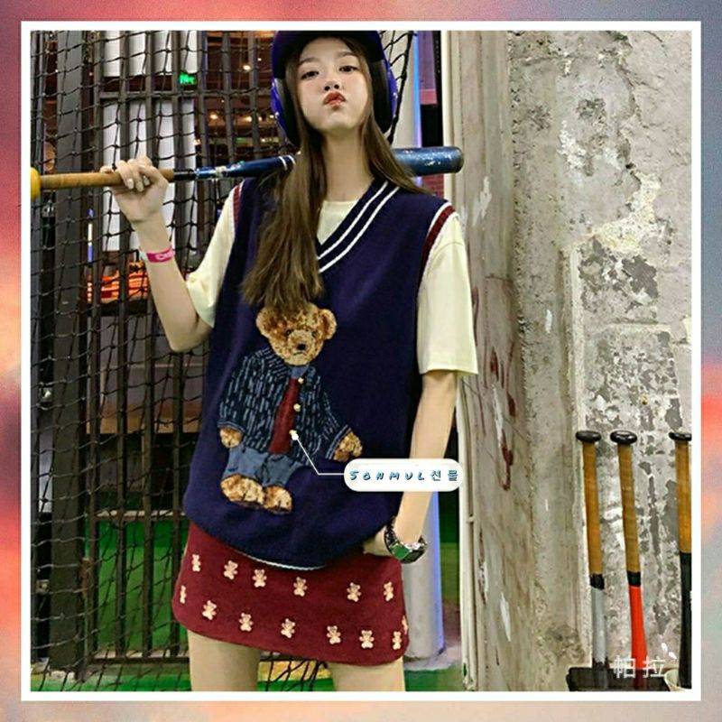 IMPORT WINTER WOMAN KNIT VEST TEDDY BEAR KOREAN STYLE ROMPI RAJUT WANITA MUSIM DINGIN IMPOR