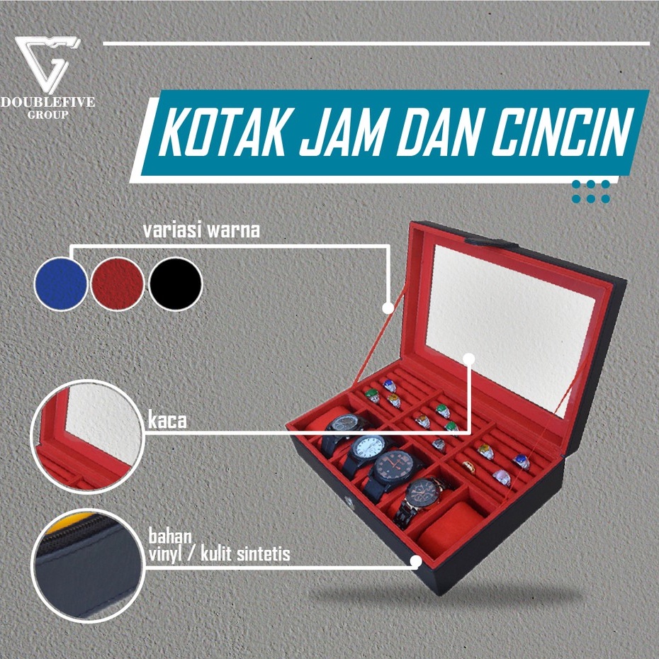 Box Kotak Jam Tangan isi 6 + Tempat Perhiasan &amp; Aksesoris Hitam Merah