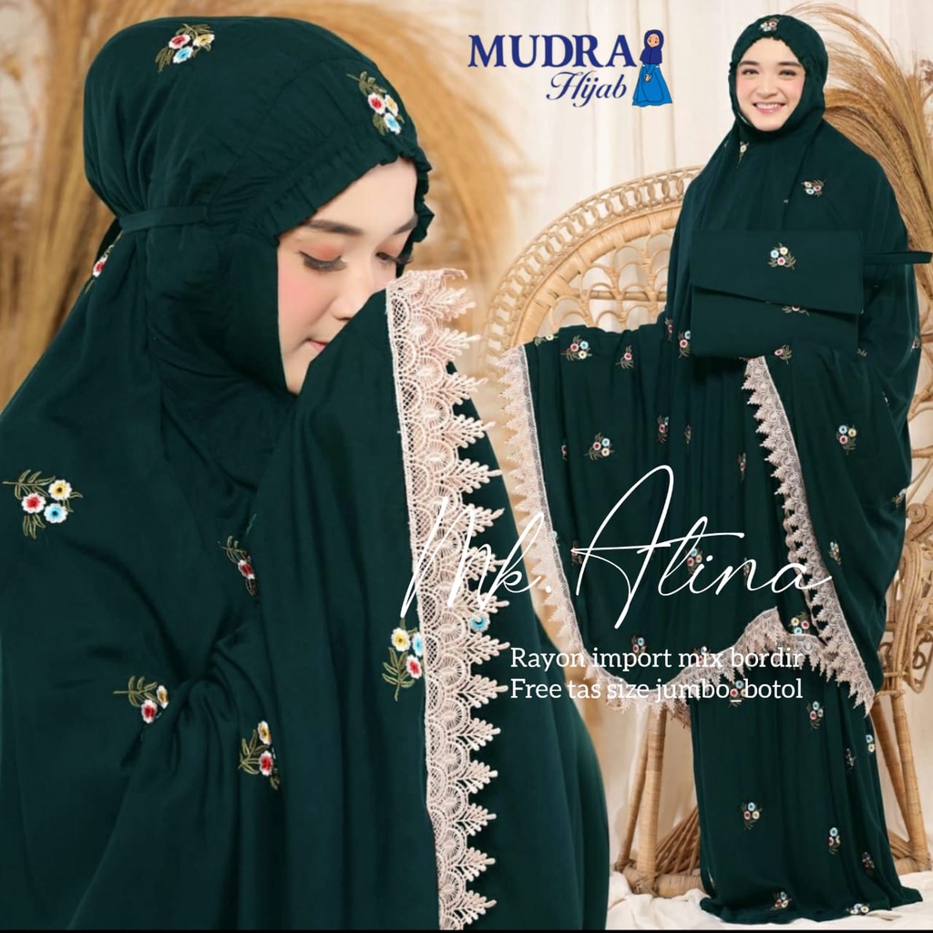 MUKENA ATINA CANTIK DAN ANGGUN ORIGINAL MUDRA HIJAB BAHAN RAYON PREMIUM BORDIR MID RENDA SIZE JUMBO