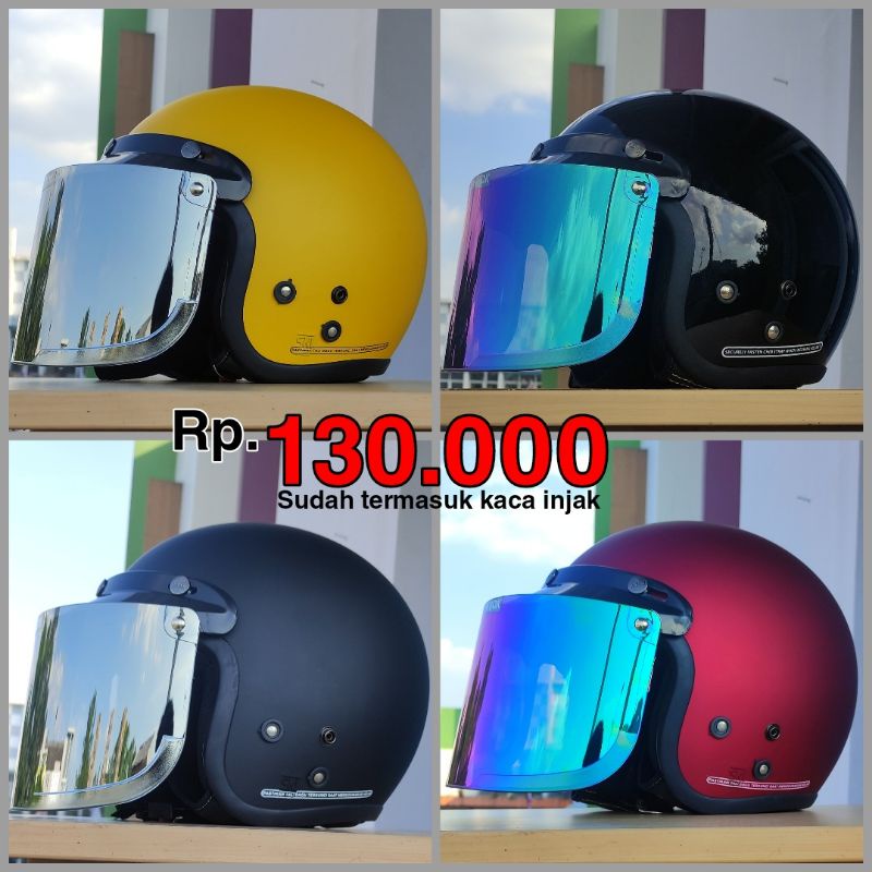 Helm Bogo Dewasa Full Leher SNI Cewek Cowok Retro Polos Couple Kaca Flat Visor INJAK