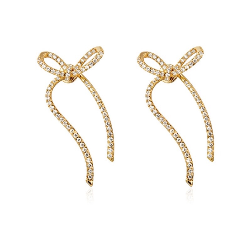 Fashion Design Simple Rhinestone Front and Back Ribbon Bowknot Stud Earrings