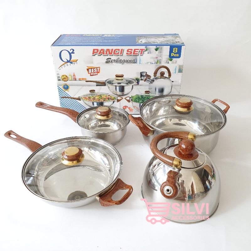 Panci Set Wajan Teko Q2 7208 dan Tosmo T808 Stainless Tutup Kaca Kado Nikah
