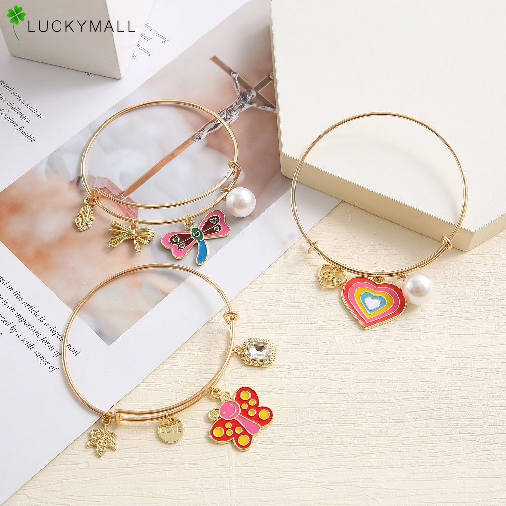 Gelang Bangle Hias Mutiara Kristal Bentuk Hati Butterfly Bow Untuk Wanita