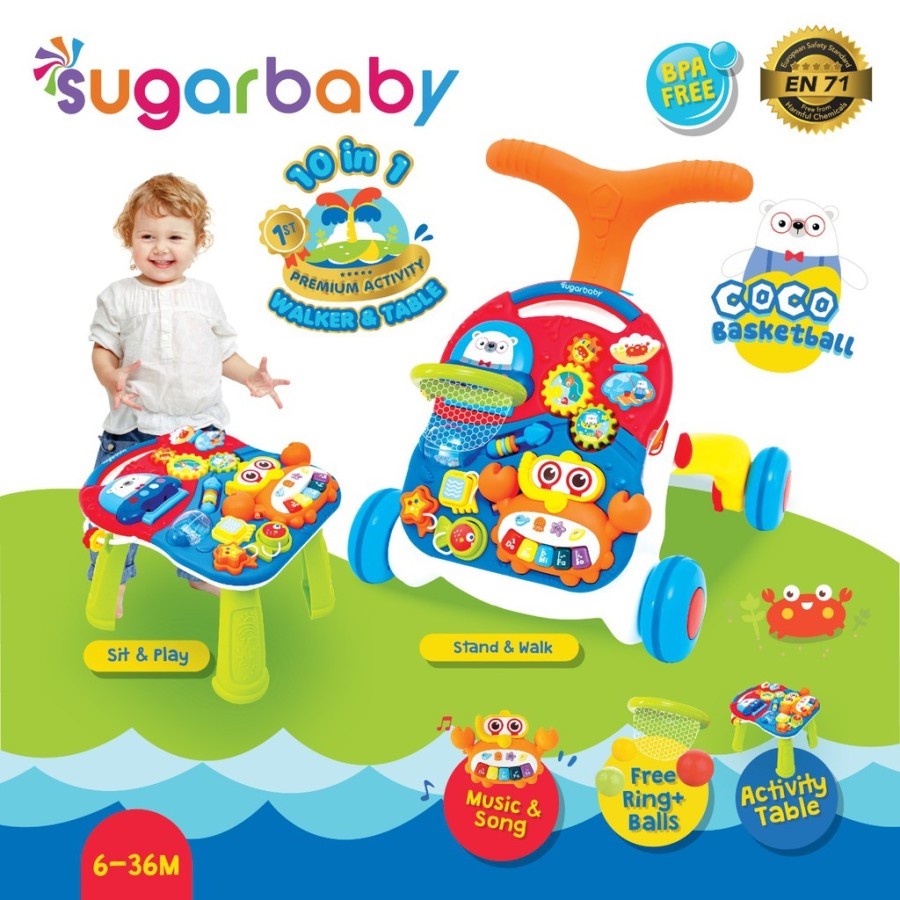 SUGAR BABY 10IN1 PREMIUM ACTIVITY WALKER & TABLE-BIRU-ORANGE