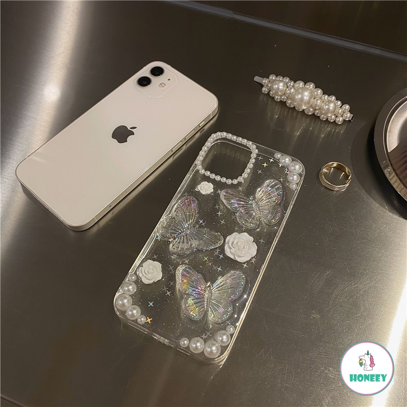 Luxury Glitter Pearl Butterfly Clear Phone Case compatible for Iphone Xr 7Plus 8Plus X XS 14 13 11 12 Pro Max Shock Resistant Soft TPU Back Cover