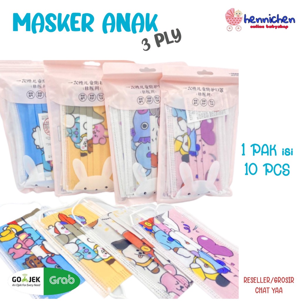 MASKER BTS ANAK KARAKTER 3 PLY 1 PAK ISI 10 PCS MASKER