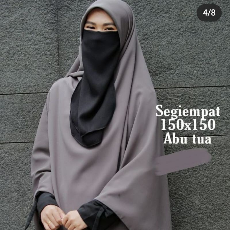 Hijab Jilbab Kerudung Segiempat Polos Ukuran 130x130 cm Gratis Set Cadar Tali Dua Layer Bahan Diamond Crepe