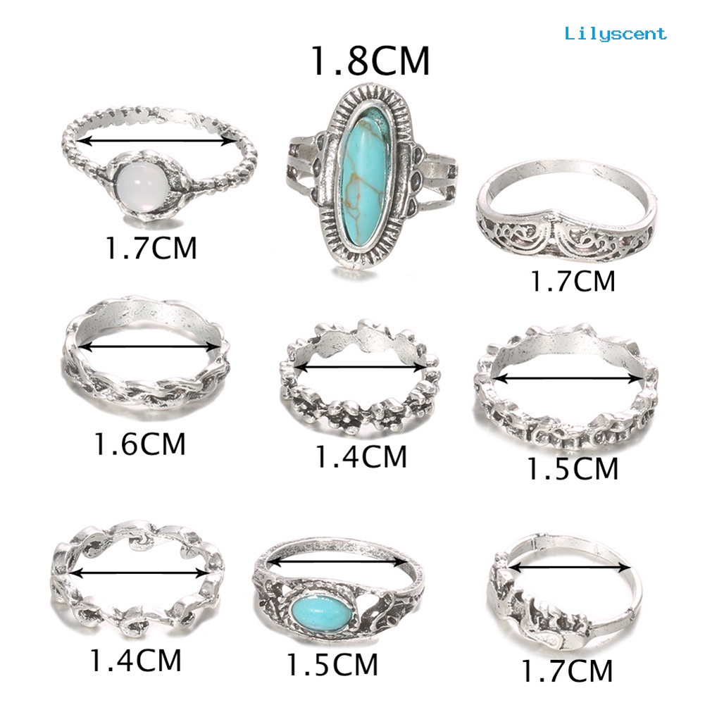 9 Pcs / Set Cincin Jari Turquoise Imitasi Gaya Retro Bohemian Untuk Wanita