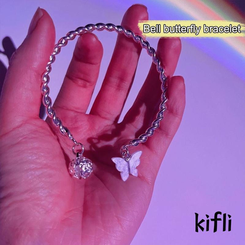 Gelang Tangan Rantai Adjustable Aksen Lonceng + Kupu-Kupu Antik Untuk Pasangan / Pria / Wanita (KD)