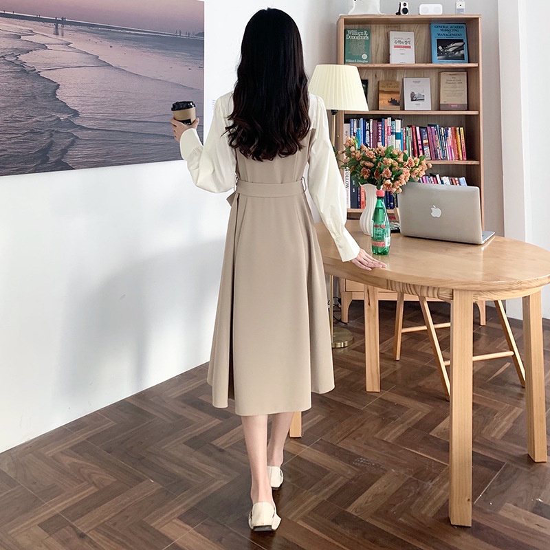 [littlecrab] Dress Wanita Putih Hitam Moka Kemeja Dress Kerja Lengan Panjang Dress Simple Elegan Korean Style