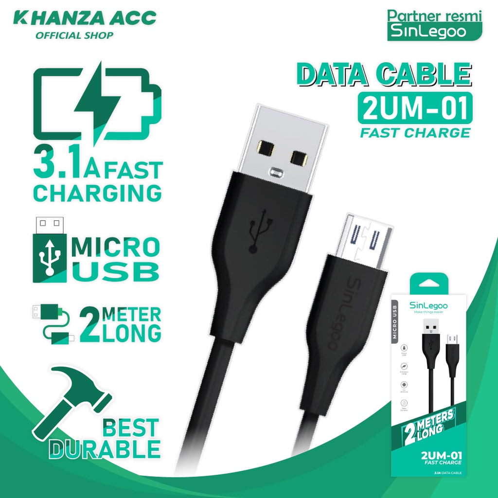 KHANZAACC SINLEGOO 2UM-01 Kabel Data Charger Panjang 2m Android Micro USB Fast Charging 3.1A