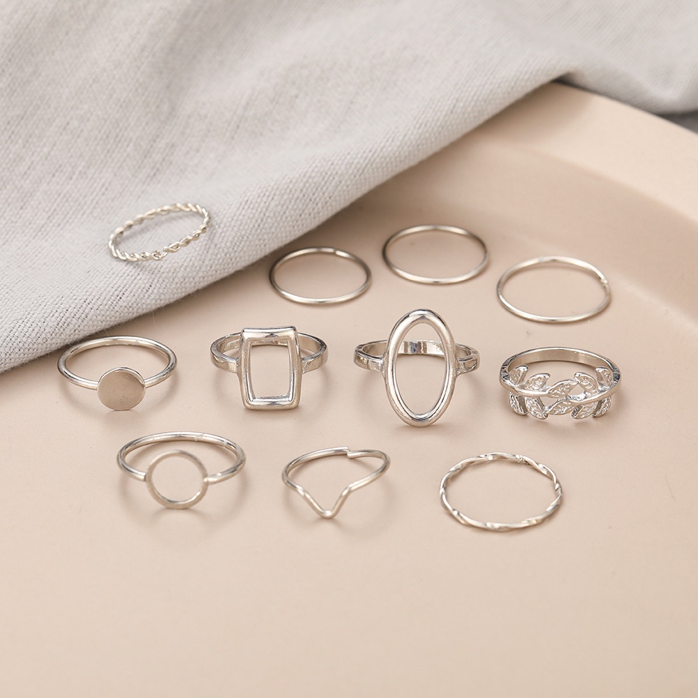 AY(CN) 11pcs/set Korean Fashion Geometric Plain Circle Leaf Ring Gold Silver Rings Women Jewelry Accessories