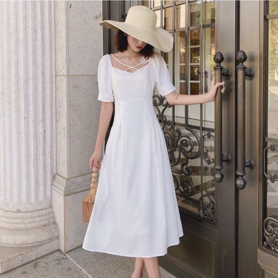 PARTY DRESS CASUAL MIDI WHITE DRESS PREMIUM COTTON POLYMADE ALLSIZE