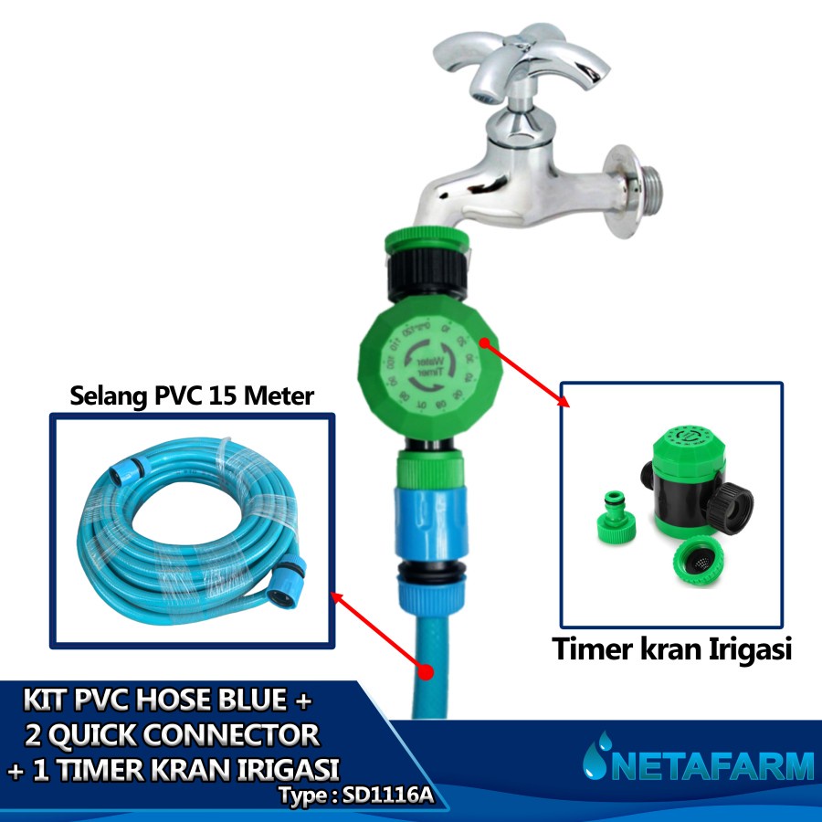 Selang Air PVC Biru 15m + 2 Quick Konektor &amp; Time Kran Irigasi SD1116A