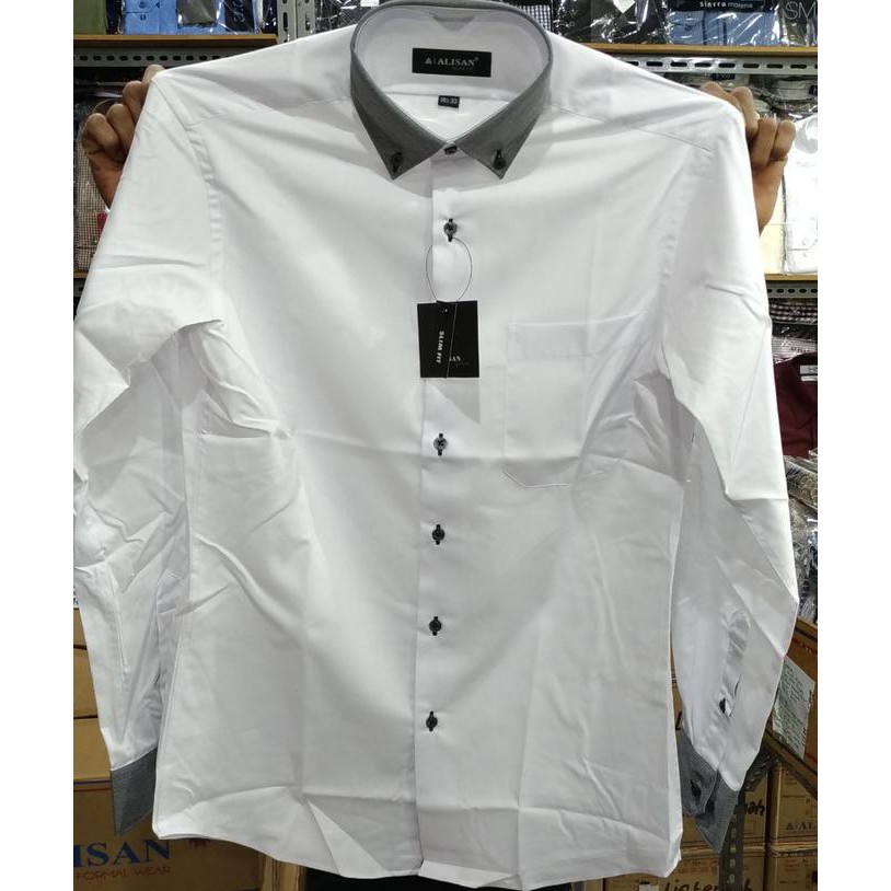 Fashion Pria - Kemeja Pria Alisan Putih Dobby Diagonal Panjang Slimft Kombinasi Abu