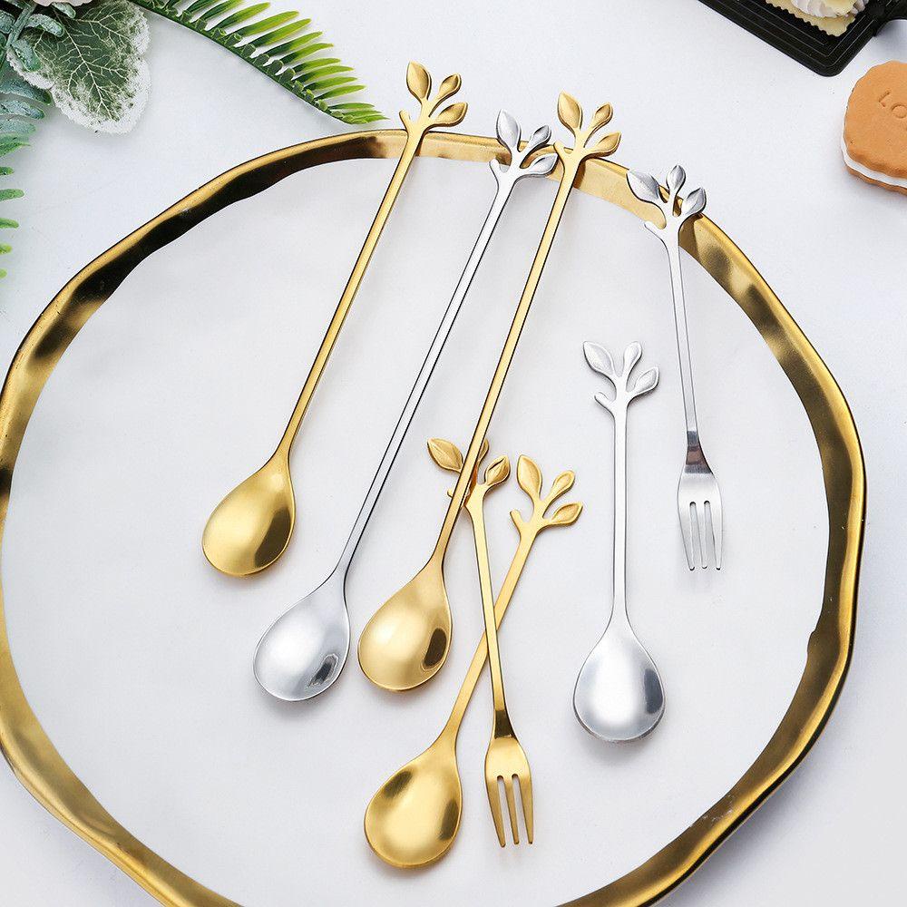 SOLIGHTER Dessert Coffee Spoon Kitchen Gadgets Stainless Steel Tea Scoop Honey Utensils Gift Stirring Tool Household Small Leafs Upscale Dinnerware/Multicolor