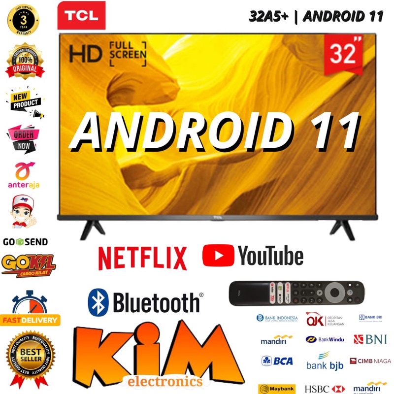 TCL LED 32 inch 32A5+ SMART ANDROID 11 YOUTUBE - NEW!! Garansi Resmi