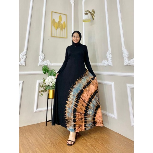 Gamis Kaos Jumbo Black Tiedye CASANOVA Bumil Busui Resleting Depan Lengan Panjang Homedress Wanita Kekinian Terbaru