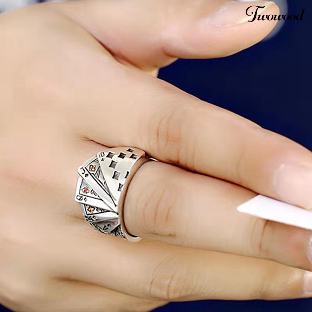 Cincin Model Terbuka Adjustable Desain Kartu Poker Ukir Gaya Retro Untuk Unisex