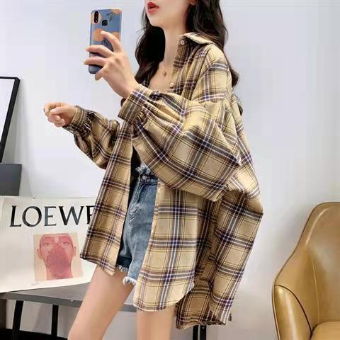 kemeja wanita Korea plaid shirt oversize retro panjang lengan semua pertandingan-539khaki