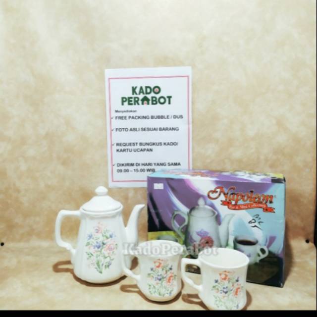 Kado Teko Set isi 3Pcs Napoleon motif Flamingo - cangkir set cantik - teko elegant untuk rumah baru