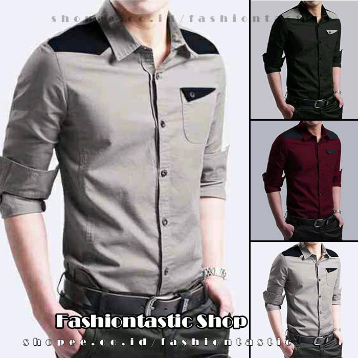 kemeja slimfit LIE hem lengan panjang pria warna abu marun hitam kombinasi