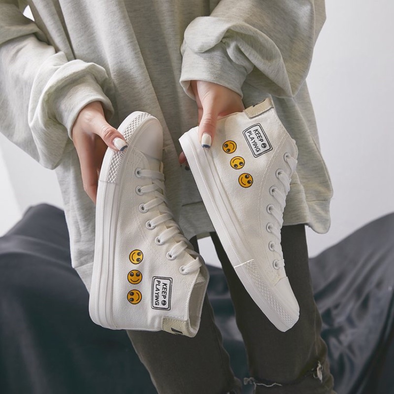 [ PAKAI DUS SEPATU ] IDEALIFE40 Sepatu Woman Wanita Sneakers Cewek Putih Import Shoes High Top Kanvas Hitam kekinian KYB-33