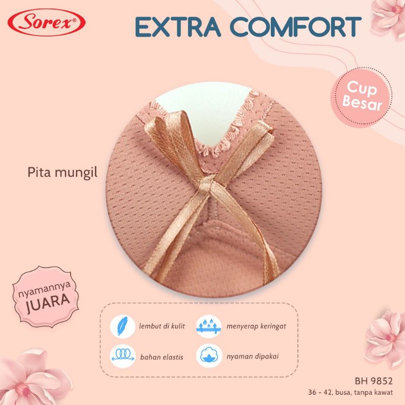 Bra Sorex 9852 Tanpa Kawat Busa Tipis Kait 2 / BH SOREX 9852 Cup Sedang 36-42 Extra Comfort / Bra Sorex / Bh Sorex