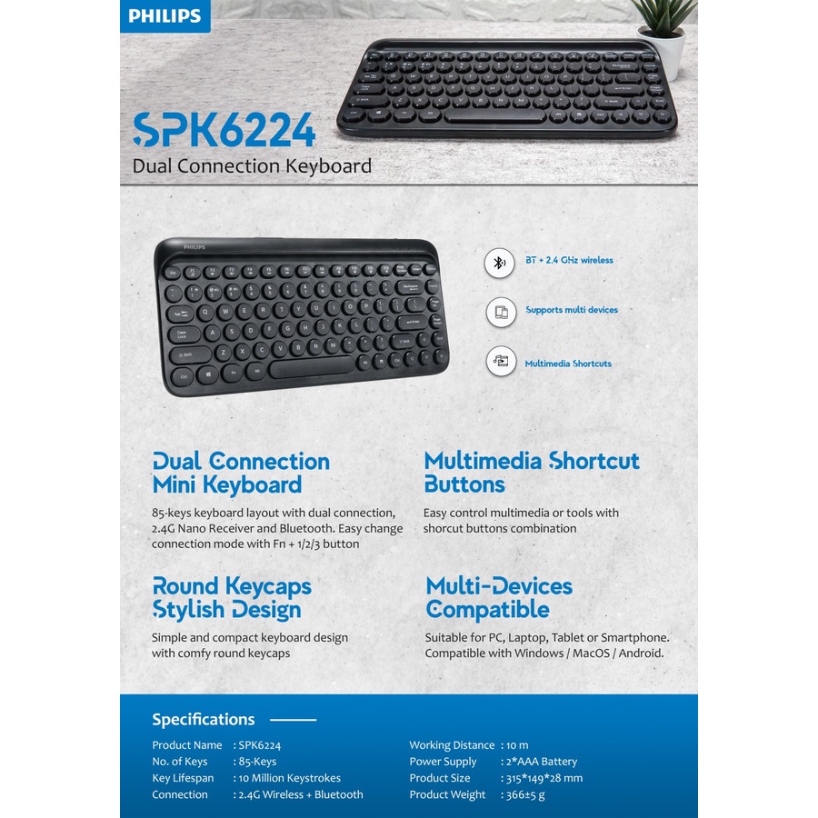 Philips Keyboard Bluetooth + Wireless Multi-Device K624