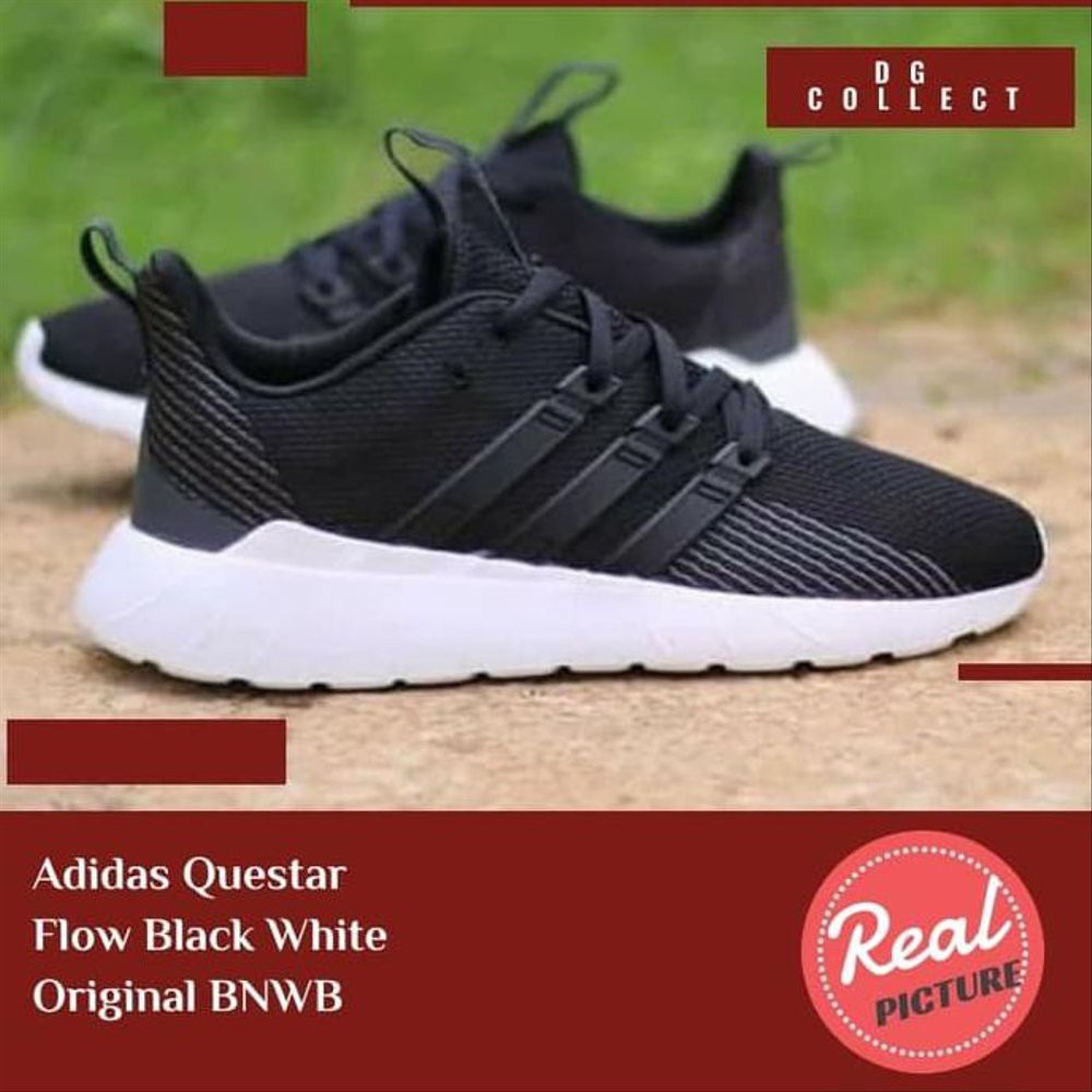 Unik Sepatu  Pria Adidas  Questar  Flow  Black White Original 