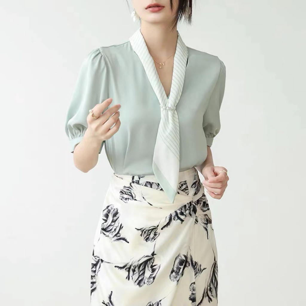 Women V Neck Puff Sleeve Blouse With Silk Scarf Atasan Wanita Lengan Pendek 2056